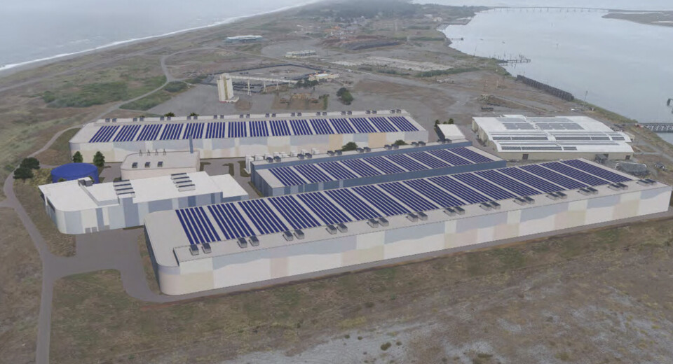 Una ilustración de la instalación propuesta de RAS de pez rey de Nordic Aquafarms en la península de Samoa, California.