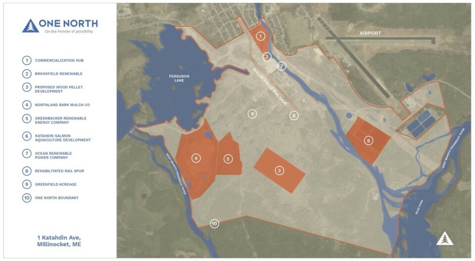El sitio de Great Northern Paper Company (One North) se utilizará para varios propósitos, incluido el cultivo de salmón. El sitio de GNS es el número 6 en el plano.